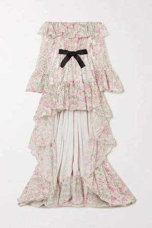 Asymmetric Bow-embellished Ruffled Floral-print Silk-chiffon Dress - Ivory