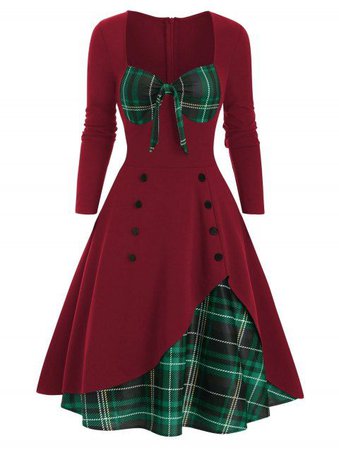 Christmas Red and Green plaid double button midi Dress