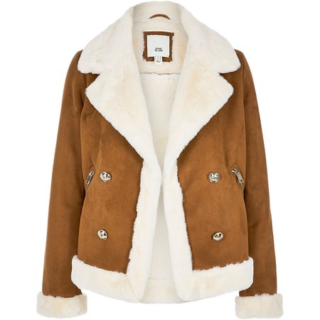 Brown faux suede shearling fallaway jacket | River Island