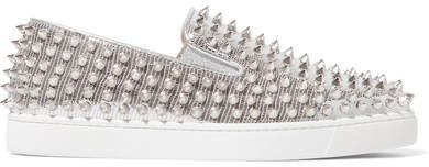 Roller Boat Spiked Metallic Textured-leather Slip-on Sneakers - Silver