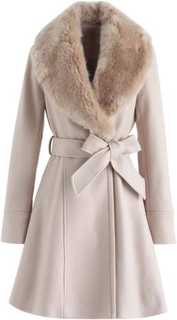 Amazon.com: CHICWISH Women's Taupe/Nude Pink/Black Faux Fur Wide Lapel Turn Down Shawl Collar Belted Flare Wool Blend Coat : Clothing, Shoes & Jewelry