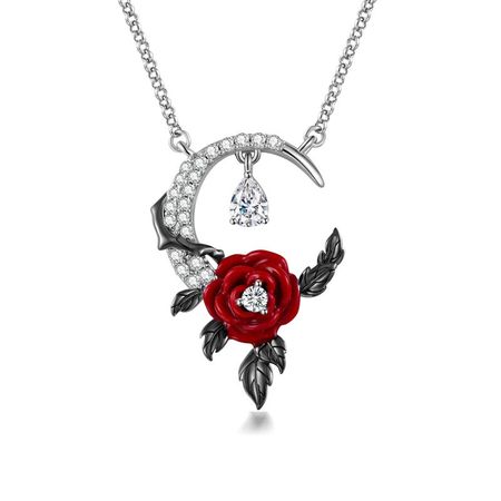 Moon Necklace For Her With Gothic Red Lacquered Rose Adorned-VANCARO