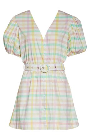 S/W/F Pastel Gingham Belted Puff Sleeve Minidress