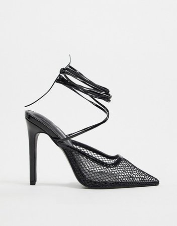 Public Desire Fiesty mesh ankle tie heeled shoe in black | ASOS