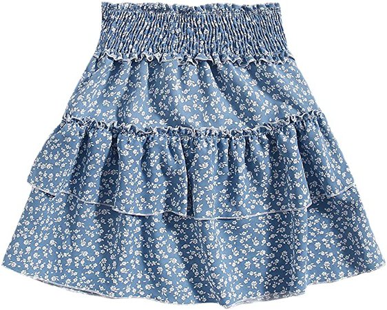 MakeMeChic Women's Ditsy Floral Print Frill Trim Tiered High Waist Mini Skirt at Amazon Women’s Clothing store
