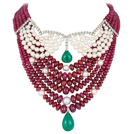 Andreoli Emerald Zambian Drop Cabochon Ruby Burma Akoya Pearl Necklace Diamond For Sale at 1stDibs