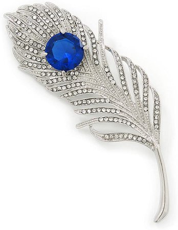 Large Swarovski Crystal Peacock 'Feather' Brooch In Rhodium Plating (Clear/Sapphire Blue Colour) - 11cm Length: Amazon.ca: Jewelry