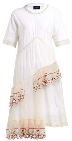 Floral Embroidered Cotton And Tulle Midi Dress - Womens - White Multi