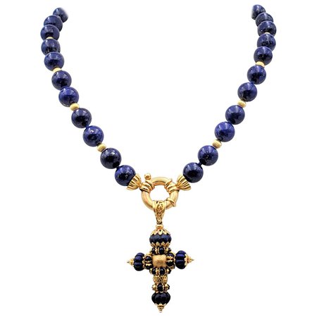 Yellow Gold and Lapis Lazuli Bead Cross Pendant Necklace