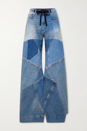 Leather-trimmed Distressed Patchwork High-rise Wide-leg Jeans - Blue