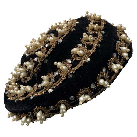 1950s Saks Fifth Avenue Velvet Beret Hat w/ Gold Edged Spiral Design and Pearls For Sale at 1stDibs