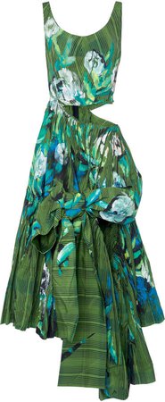 Marni Asymmetric Flower-Painted Plaid Taffeta Maxi Dress Size: 36