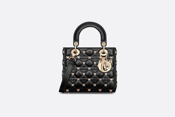 Small Lady Dior Bag Black Cannage Lambskin with Gold-Finish Butterfly Studs | DIOR black