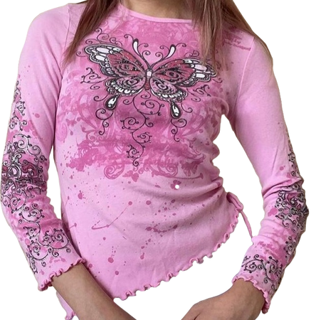 pink asymmetrical long sleeve graphic top with butterfly