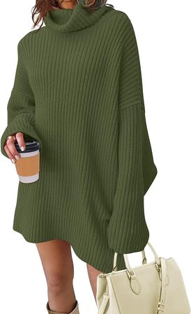 MEROKEETY Womens Winter Loose Long Sleeve Turtleneck Solid Color Ribbed Knitted Mini Sweater Dress,Mustard,L at Amazon Women’s Clothing store