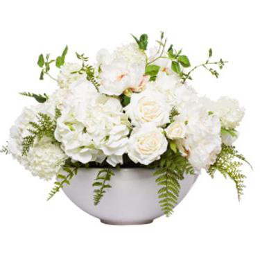 White Silk Floral Centerpiece in White Bowl | Scenario Home