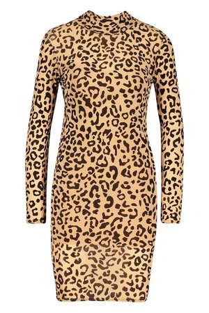 Leopard Flocked Mesh Bodycon Dress | Boohoo brown