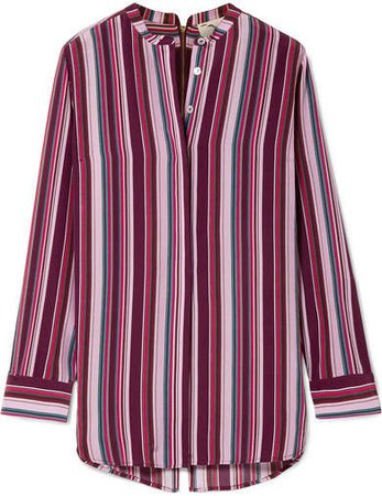 Monique Pompom-embellished Striped Silk Crepe De Chine Shirt - Purple