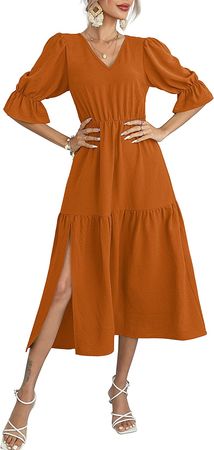 Amazon.com: OFEEFAN Midi Dresses for Women Casual 2023 Ruffle Dress Summer Slit Tiered Dress Travel L : Clothing, Shoes & Jewelry