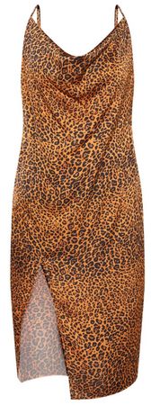 plus leopard print strappy satin cowl neck midi dress