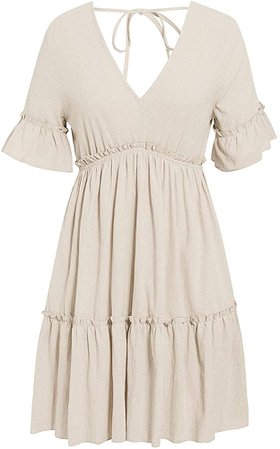MsLure Women's V Neck Cotton Ruffle Babydoll Loose Mini Dress Short Sleeve Tunic Swing Dress (Small/0-2, Apricot) at Amazon Women’s Clothing store