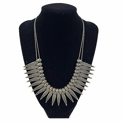 SILVER TONE ETCHED Metal Feather Leaf Collar Statement Necklace Southwest Boho - $25.60 | PicClick