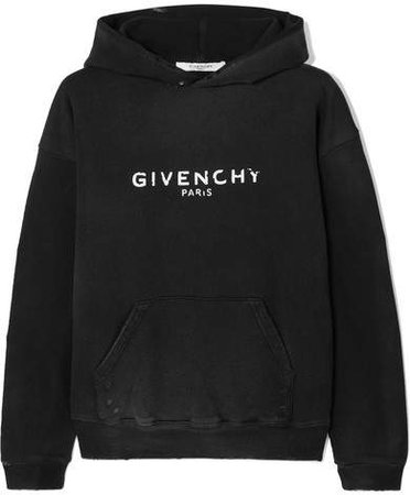 Distressed Printed Cotton-jersey Hooded Top - Black