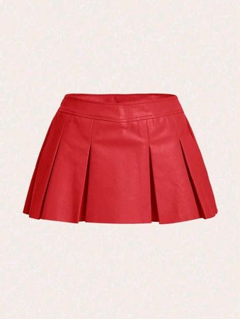 Red Solid Leather Pleated Skirt