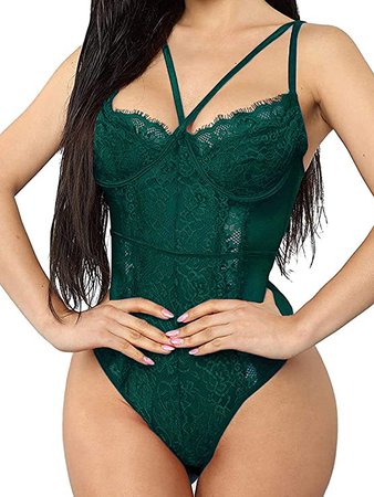 Kaei&Shi Front Double Strap See Through Lingerie,V-Neck Floral Lace Babydoll,Sexy Lingerie For Women,One Piece Bodysuit Petite Dark Green Small at Amazon Women’s Clothing store