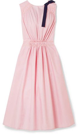 Grosgrain-trimmed Shirred Cotton-poplin Midi Dress - Baby pink