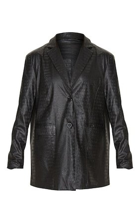 Black Faux Leather Croc Oversized Dad Blazer | PrettyLittleThing