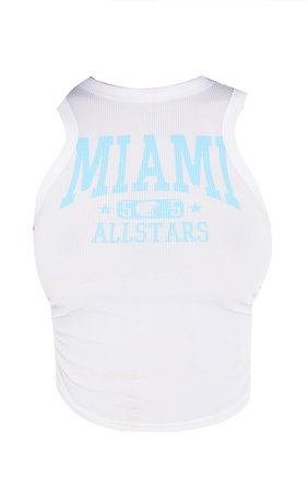 White Miami Print Rib Ruched Side Vest Top | PrettyLittleThing USA