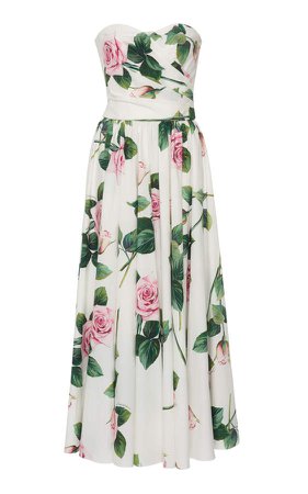 Strapless Floral-Print Cotton-Poplin Midi Dress Size: