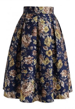 Floral Vintage Embossed Pleated Midi Skirt in Navy - Skirt - BOTTOMS - Retro, Indie and Unique Fashion