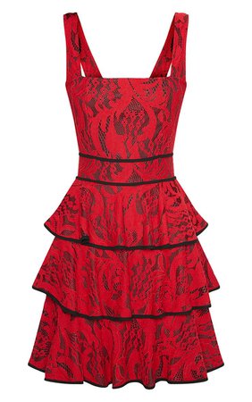 Red Lace Square Neck Contrast Trim Tiered Skater Dress | PrettyLittleThing USA