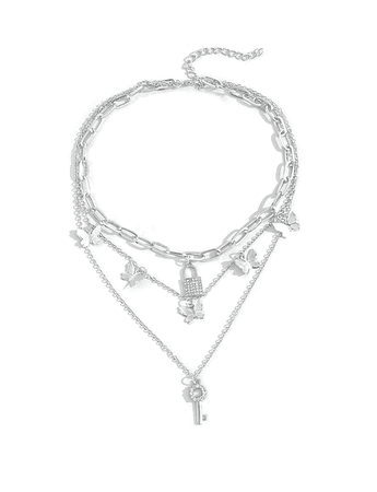 silver lock and key with butterflies layered necklaces