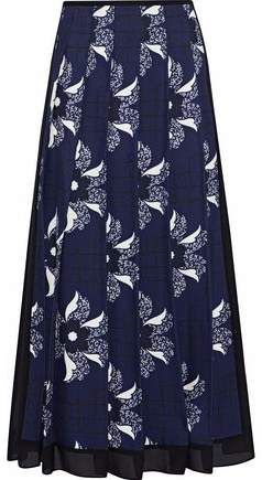 Pleated Chiffon-trimmed Printed Twill Midi Skirt
