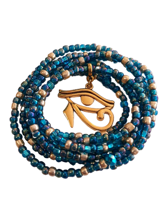 Turquoise and Gold Waist beads with Gold 'Eye of Horus' Charm, belly beads, weight loss tracker, stretch, African waistbeads, unique gift