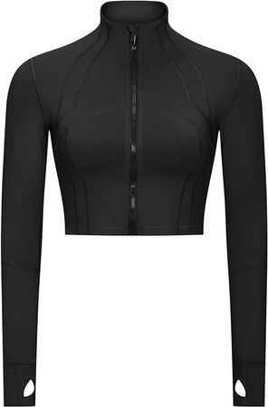 Gacaky Women's Running Full Zip Lightweight Workout Jacket Cropped Slim Fit Tops Gym Yoga Clothes with Thumb Holes Black S at Amazon Women’s Clothing store