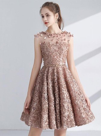 Champagne Lace Flower Prom Dress