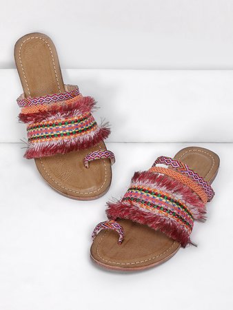Fringe Trim Toe Ring Flat Sandals