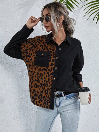 Contrast Leopard Print Flap Pocket Corduroy Coat | SHEIN USA