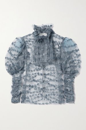Light blue Gathered glittered tulle blouse | Rodarte | NET-A-PORTER