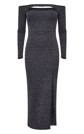 Charcoal Marl Rib Cut Out Long Sleeve Maxi Dress | PrettyLittleThing USA