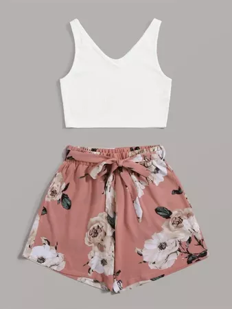 pink white Ribbed Tank Top & Floral Print Belted Shorts | SHEIN USA