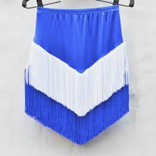 blue skirt with white tassels