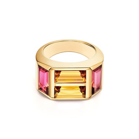 Paloma's Studio baguette four-stone ring in gold with rubellites and citrines. | Tiffany & Co.