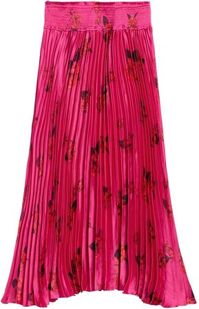 Floral Satin Pleated Midi Skirt