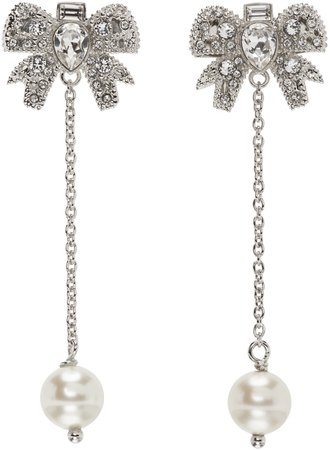 Miu Miu: Silver Crystal & Pearl Bow Earrings | SSENSE Canada