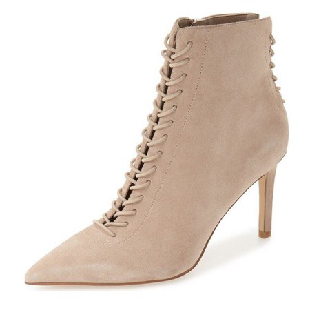 Beige Lace up Boots Pointy Toe Stiletto Heel Ankle Booties for Date | FSJ